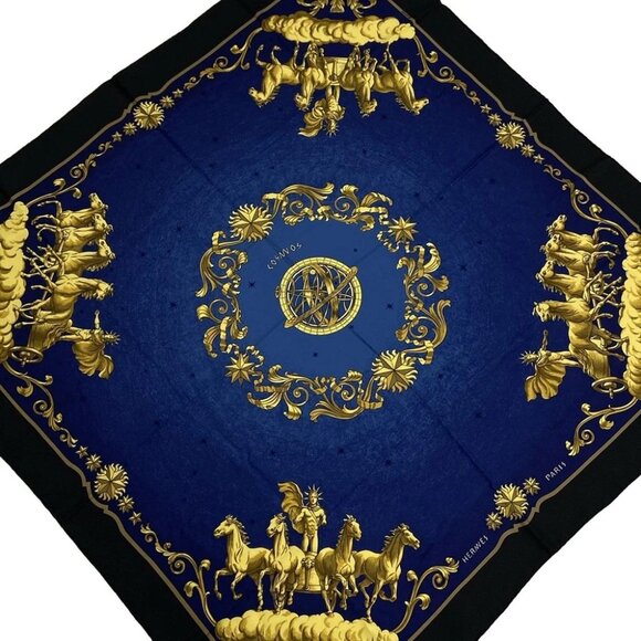 Auth HERMES Carre 90 - Black Blue Yellow Scarf - Picture 1 of 3
